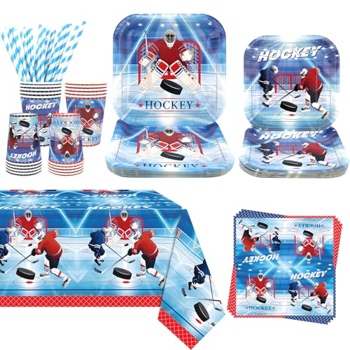 Décoration de fête de hockey avec assiettes, tasses et nappe anniversaire pour enfant