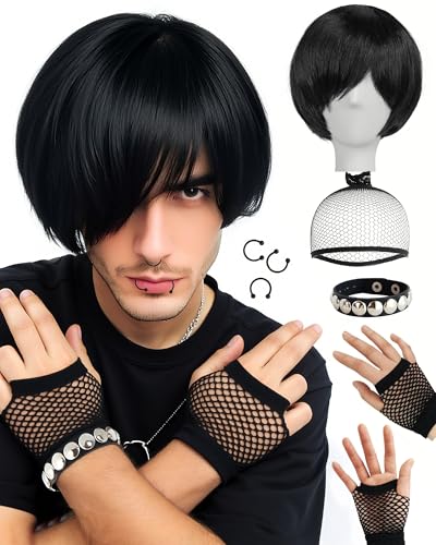 IMEYLE 8 Pcs Emo Wig Men Short Black Wig Emo Costume Set for Men Scene Wigs