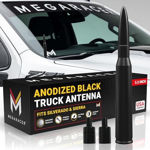 Anodized 50 Cal Bullet Antenna for Chevy Silverado & GMC Sierra 1500 2500 (1999-2026) Rugged Billet Aluminum UV & Chip-Resistant Car Wash Safe Short Replacement Truck Accessories Black