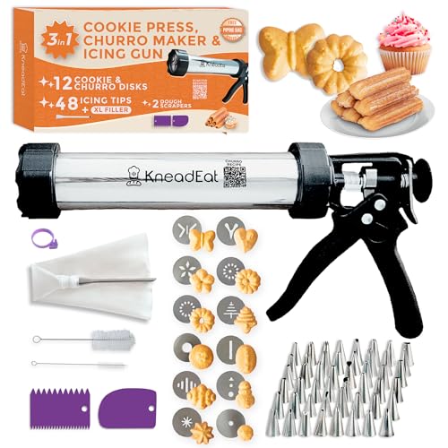 KneadEat Premium 68pc Churro Maker - Spritz Cookie Press Gun Kit - Icing Gun. 12 Cookie and Churro Discs. 48 Icing Tips. XL Filler. Piping Bag. Brushes. For Churros, Cookies and Cake Decorating.