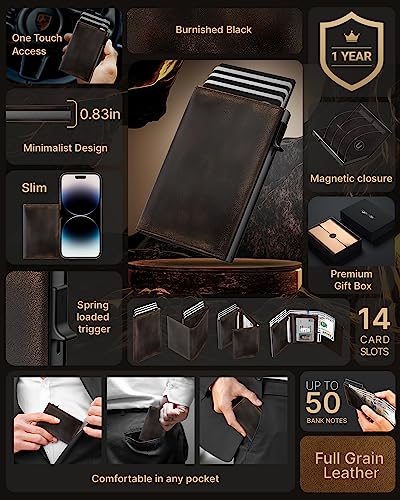 Image of typecase Mens Wallet Card Holder: Pop Up Aluminum Case, Full Grain Leather, RFID Blocking, Smart, Slim, Minimalist, Front Pocket - 9-14 Card Capacity | ID Window | Cash Slot (Burnished Black)