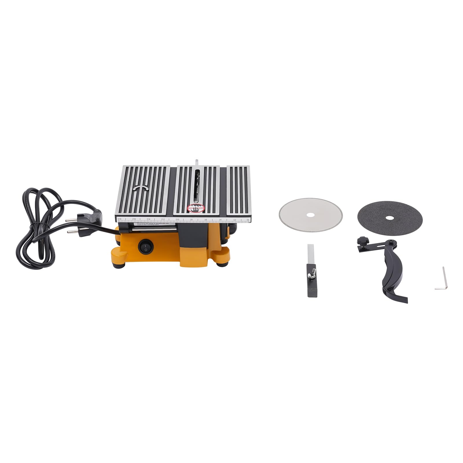 Mini Sega Circolare da Tavolo 90 W 4500 Giri/Min, Sega di Precisione con 3 Lame, Profondità di Taglio Regolabile a 16 mm, Angolo di Taglio Trasversale Regolabile, Banco Sega per Legno, Metallo, Pietra
