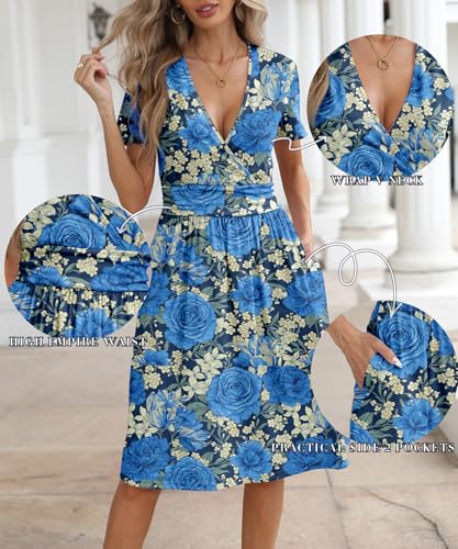 Image of NILOUFO Women's Summer Short Sleeve Casual Dress Wrap V Neck Party Midi Dresses with Pockets
