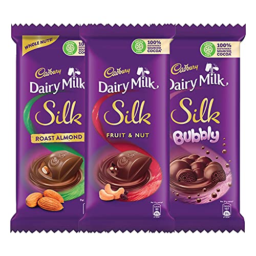 Cadbury Dairy Milk Silk Large Chocolates Combo (1 x Silk Bubbly 120g, 1 x Silk Roast Almond 143g and 1 x Silk Fruit and Nut 137g)