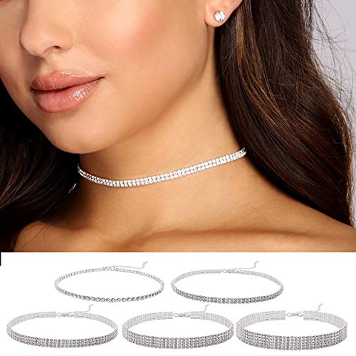 5 Pieces Silver Rhinestone Choker Necklaces For Women Dainty Diamond Choker Crystal Choker Necklaces Set Bridesmaid Jewelry #TOP1
