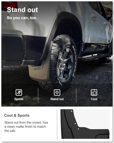 Image of KIWI MASTER Mud Flaps for 2019-2024 Dodge Ram 1500 (with OEM Fender Flares, Not Fits Classic or TRX), Heavy Duty Front & Rear Mud Guards, No Drill, 4 Pcs Set