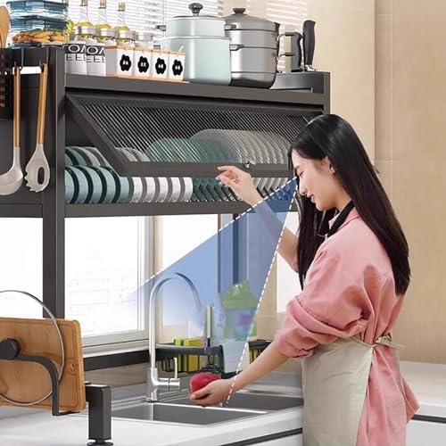 Égouttoir à Vaisselle au-Dessus de l'évier avec Couvercle, Organisateur de comptoir de Cuisine en Acier Inoxydable à 3 Niveaux, Grand égouttoir à Vaisselle pour étagère de Rangement Peu enco