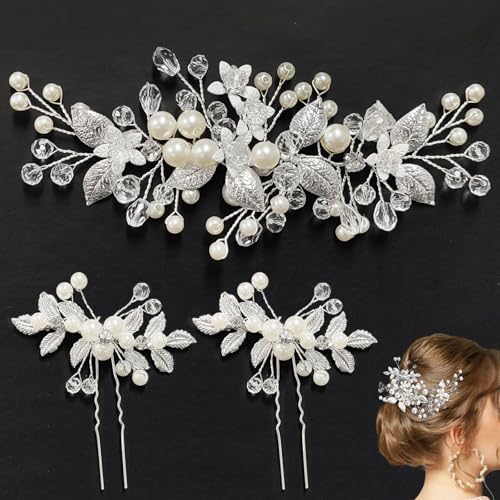 ZOCONE 3 Piezas Tocados de Pelo Boda Plata Adorno Pelo Novia Perlas Horquillas para Novia Pinzas Pelo Mujer Flores Peine Cabello Novia Elegante Accesorios Pelo para Boda Invitada Comunion