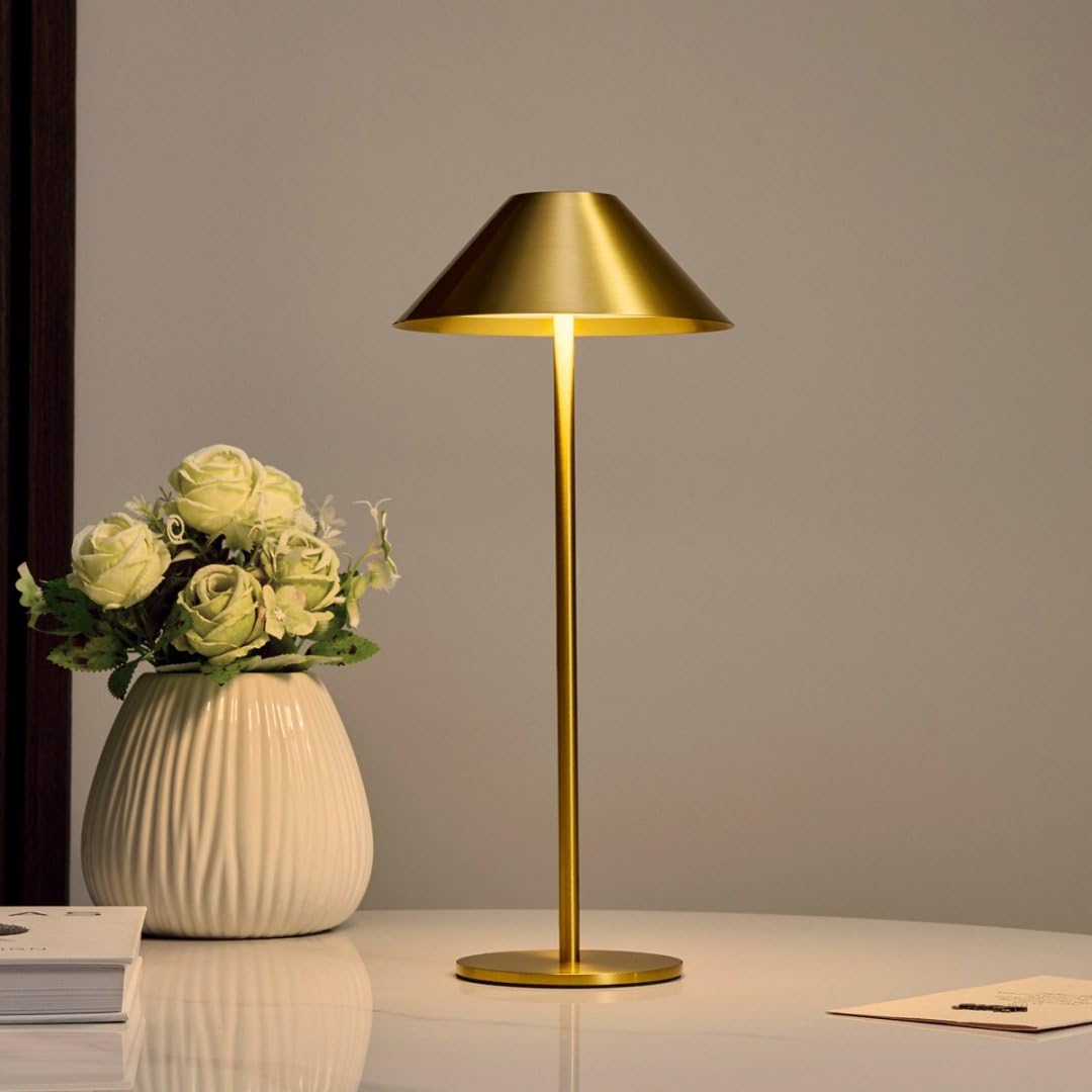 Bojim Lampara de Mesa Sin Cable, Lámpara LED Recargable con USB Inalambrica, Lamp Luz Tactil Noche de Bateria, Candeeiro para Mesita Exterior Mesilla Interior, Carge, IP54, Metal, Dorada