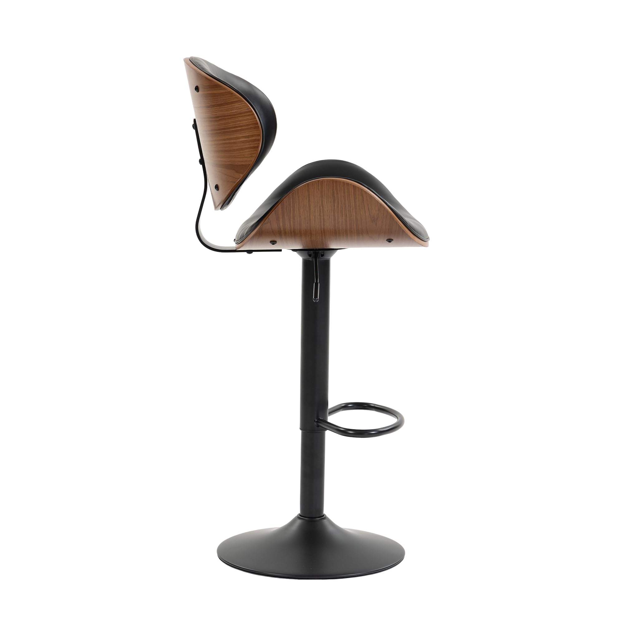 Set di 2 sgabelli da bar girevoli, regolabili in altezza, in legno curvo, con rivestimento in pelle PU, schienale ergonomico e poggiapiedi, per bar, isola cucina, colore: nero