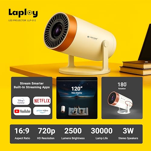 Image of LAPCARE LLP-012 LED Projector with 1080p HD Resolution, Rotatable Design, Built-in Streaming Apps, 2500 Lumens, Screen Mirroring, 3 W Speaker, 1 GB RAM & 8GB ROM (White)