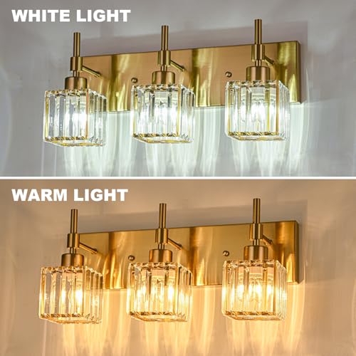 Image of Gold Vanity Light 3-Lights Crystal Bathroom Lighting Fixtures Over Mirror Modern Bathroom Light Fixtures with Crystal Square Shade