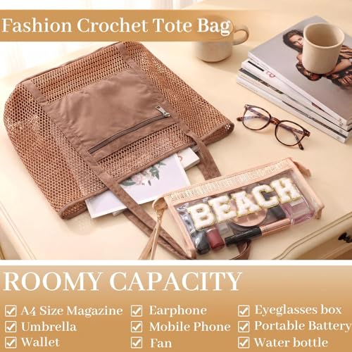Image of Aliceset 2 Pack Crochet Mesh Beach Tote Bag with Letter Patch Pocket Summer Beach Tote Bohemian Straw Transparent Bag