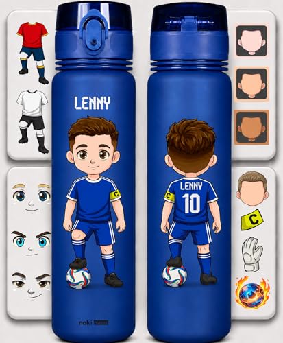 noki Personalisierte Trinkflasche Kinder Fußball – Avatar mit Name & Rückennummer – Geschenk Fußball-WM 2026 (Blau, 650ml)
