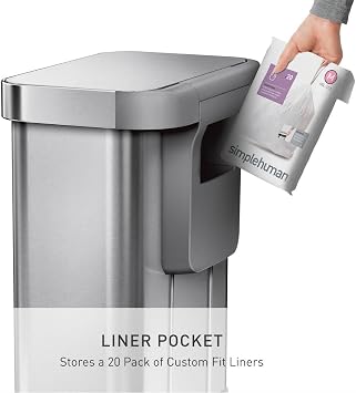 simplehuman Rectangular Step Can, 55L / 14.5 Gallon Kitchen Trash Can, Liner Rim System, Liner Pocket, 150,000-Step Pedal, Lid Shox Silent Close, Brushed Stainless Steel