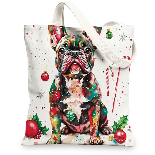 Borsa larga in tela con bulldog francese di Natale, per lo shopping, 33 x 38 cm, divertente borsa della spesa riutilizzabile per donne, per lavoro e viaggi, decorazione regalo
