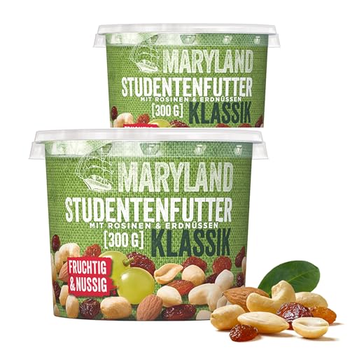 Maryland Studentenfutter Klassik 300g Becher – Rosinen Erdnusskerne Cashewkerne und Mandeln in Nuss Frucht Mischung Wiederverschließbarer Becher (300g (2er Pack), Klassik)