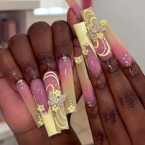 Spring Long Coffin Press on Nails with 3D Butterfly & Flower Desi...