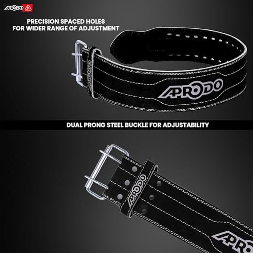 Image of Aprodo Gym Belt for Men and Women Workout with Secure Double Prong Buckle | 8.6mm Thick Suede Leather Professional Belt For Heavy Weight-Lifting, Powerlifting, Bodybuilding, Squatting and Strength Training (Black, S)