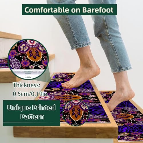 Alfombra para peldaños antideslizante con mandalas bohemios de 8x30 para escaleras de madera 3