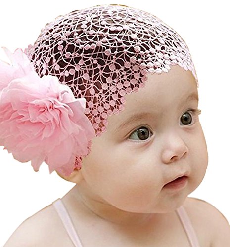 Baby Girl Toddler Cute Lace Wide Headband with Big Flower Stretch Headwear (Pink)