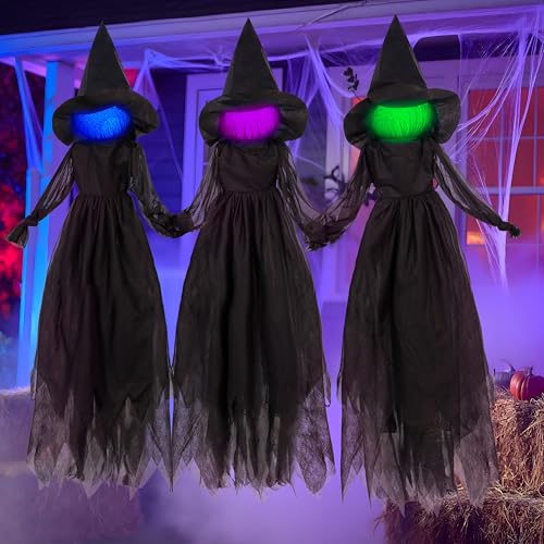Image of JOYIN 3pcs Halloween Witch Decorations Outdoor, 5ft Spooky Hanging Ghost Animatronic Decor with Broomstick Light Up Props for Home Outside Yard Garden Lawn Porch Haunted House