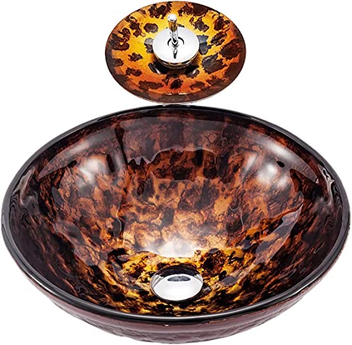 Vanity Cabinet Countertop Washbasin Tempered Glass Vanity Sink Bowl On The Top, Hand Painted Flame Art Countertop Sink Bowl with Drain Combo,Round Hand Washbowl for Bathrooms