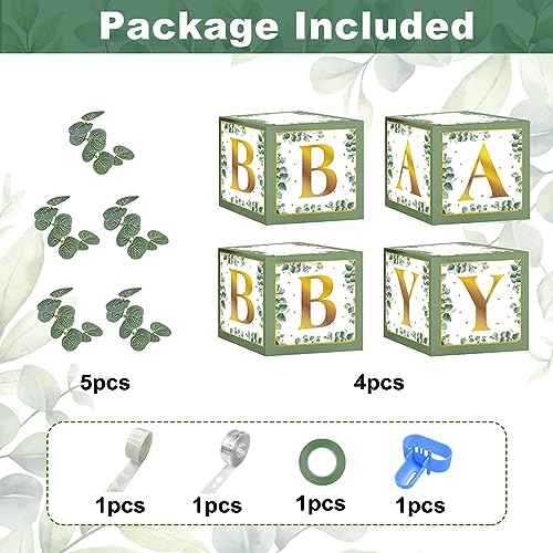 Image of Amandir 145Pcs Sage Green Balloon Garland Kit Baby Shower Decorations | Olive Green Balloon 4 Baby Boxes Blocks Gold Letter for Gender Neutral Boy Girl Safari Jungle Birthday Baptism Party Supplies