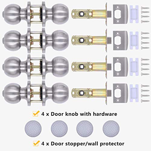 Konigeehre 4 Pack Privacy Door Knobs Stain Nickel Interior Passage Door Lock Keyless Round Dummy Lockset For Bedroom Bathroom, Hardwares & Instruction Included (4, Satin Nickel) #TOP3