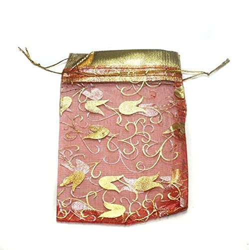 Image of Net Fabric Drawstring Pouch for Dry Fruits Packing, Organza Shagun Potli, Beautiful Design Printed Potli Bags for Return Gifts, Wedding Party Favor Gift Bags, Jewellery Pouches (Pack of 50, 16 CM x 13 CM, Gold)