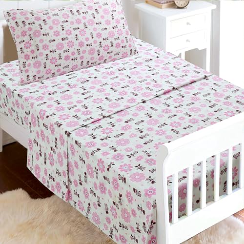 Image of Cozy Line Home Fashions Pink Minnie Mouse Floral 3 Piece Cotton Toddler Sheet Set