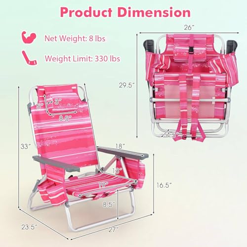 Image of Tangkula Set of 4 Backpack Beach Chair, 5-Position Lay Flat Beach Chairs with Cooler Bag, 2 Cup Holders, Towel Bar, Lightweight Low Folding Beach Chair with Backpack Straps