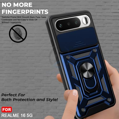 Image of AESTMO Tough Armor Realme 16 5G Bumper Back Case Cover | Ring Holder & Sliding Camera Shield Cover | 360 Degree Protection Back Case Cover for Realme 16 5G (Blue)