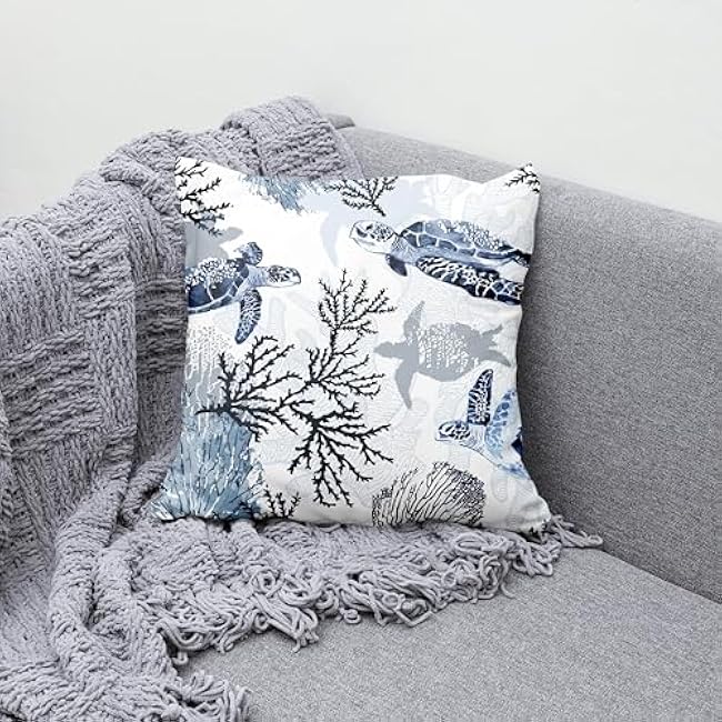 weesire Nautical Coastal Throw Pillow Covers Set of 2 Beach Themed Ocean Coral Sea Turtle Decorative Pillow Cases Outdoor Sofa Cushion Cover for Bedroom Living Room, 18x18, Blue