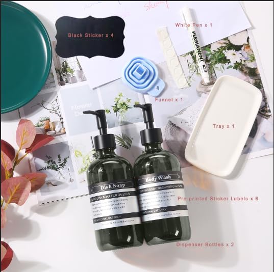 Miniatura 3 de Paquete de 2 dispensadores de jabón de plástico con bomba y bandeja de cerámica, recargable para jabón de manos, jabón para platos, gel de baño,