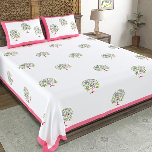 Image of BLOCKS OF INDIA Hand Block Printed 200 TC Cotton King Size Bedsheet (Pink Tree of Life)