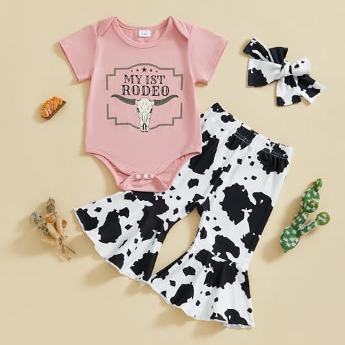 Kayotuas Western Baby Girl Clothes Summer Cowgirl Outfit Short Sleeve Romper Bow Boots Cow Print Flared Bell Bottom Pants Set3