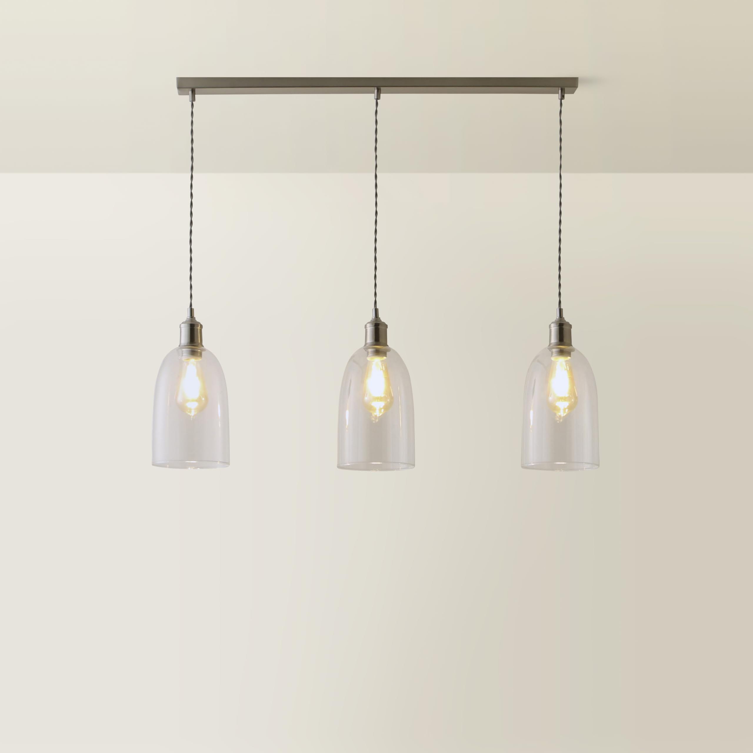ValueLights | Kira Glass Cloche Dome 3 Drop Bar Brushed Chrome Diner Ceiling Pendant Light | Pendent Light, Home Décor & Improvement Essential | Includes Full Wired Fitting