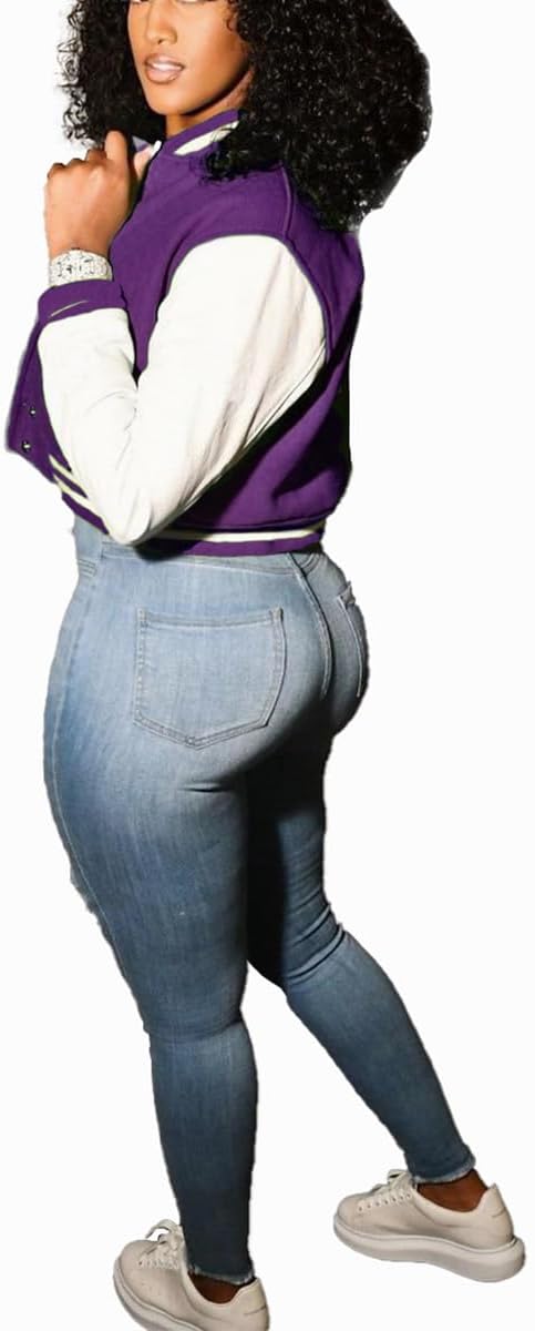 Varsity Cropped Jacket for Woman Long Sleeve Button Down Baseball Jacket Crop Bomber Jacket Streetwear with Pockets