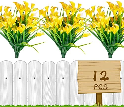 Artificial flowers,12Pcs Fake Calla Lily Flowers Plants Outdoor Decorations,UV Resistant Faux Fake Plants Plastic Spring Flower Indoor Outside Hanging Planter Home Kitchen Garden Porch Decor (Yellow)