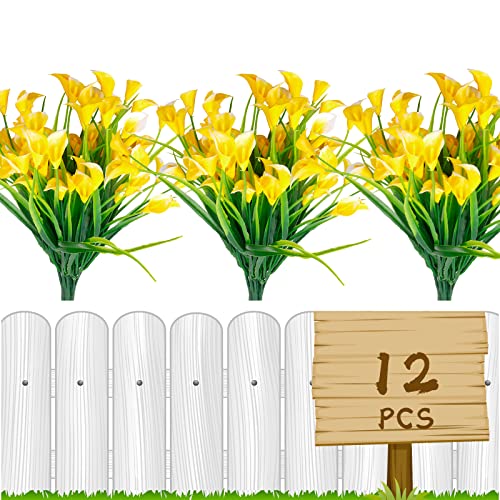 Artificial flowers,12Pcs Fake Calla Lily Flowers Plants Outdoor Decorations,UV Resistant Faux Fake Plants Plastic Spring Flower Indoor Outside Hanging Planter Home Kitchen Garden Porch Decor (Yellow)