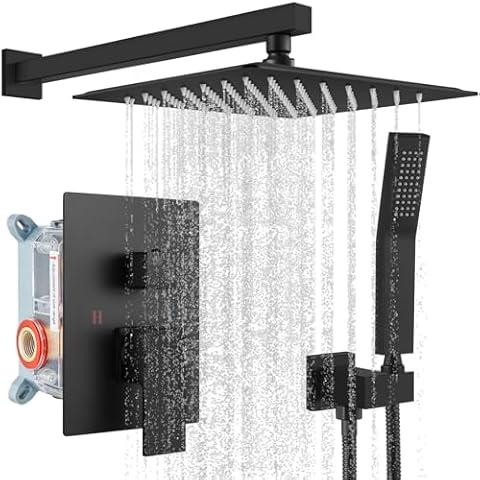 gotonovo Rainfall Bathroom Shower System Rain Shower Head and Handle Set Wall Mounted Shower Complete Combo Solid Brass Pressure Balancing Shower Mixer Valve 10 Inch Matte Black Cover