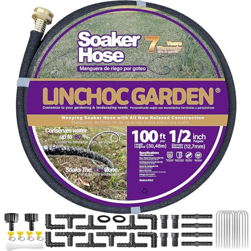 LICNCHOC GARDEN Soaker Hose 100ft,1/2 INCH Flexible Durable Garden Hose for Efficient Watering, Leak-Proof Design 100% Recycled Rubber,Ideal for Lawns,Gardens & Flower Beds