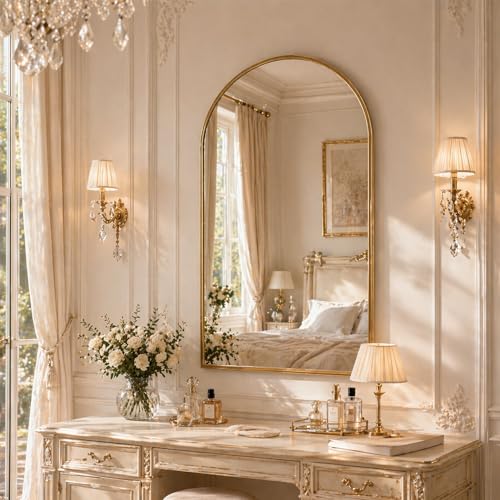 Image of 20 inchx30 inch Arched Gold Bathroom Mirror - Metal Framed with HD Shatter-Proof Glass, Wall-Mounted for Over Sink, Entryway, Living Room, Bedroom