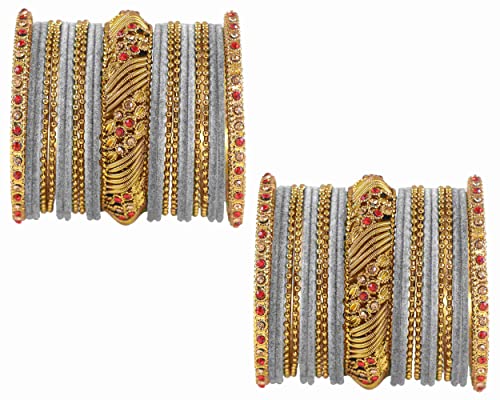 Image of NMII Metal with Zircon Gemstone and Beads Studded Ball Chain Linked Glossy Finished Velvet Bangles Chuda set for Women and Girls