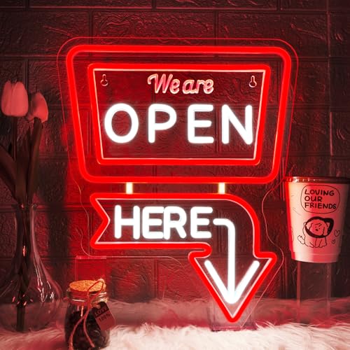 Image of ineonlife We Are Open Here Neon Sign Red Neon Signs for Wall Decor Led Lights for Bar Man Cave Club Store Hotel Restaurant Coffee Shop Business Decor Gifts