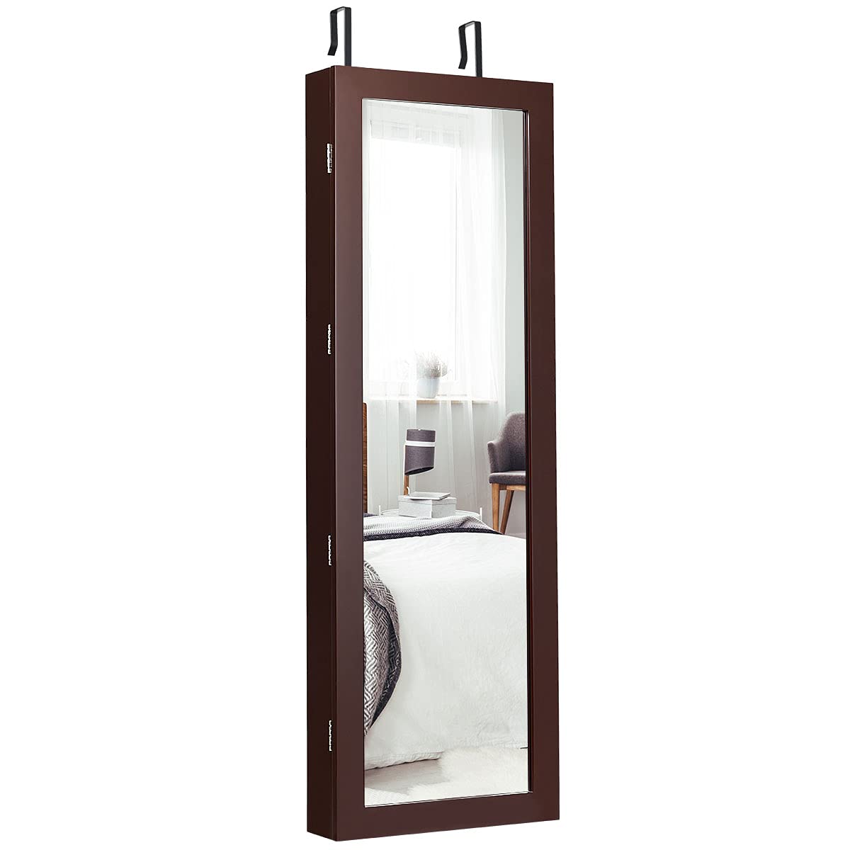 COSTWAY Schmuckschrank hängend, 2 in 1 Spiegelschrank mit LED Leuchten & 2 Schubladen, Hängeschrank abschließbar, Wandschrank Schmuck Organizer zur Wand-/Türmontage (Braun)