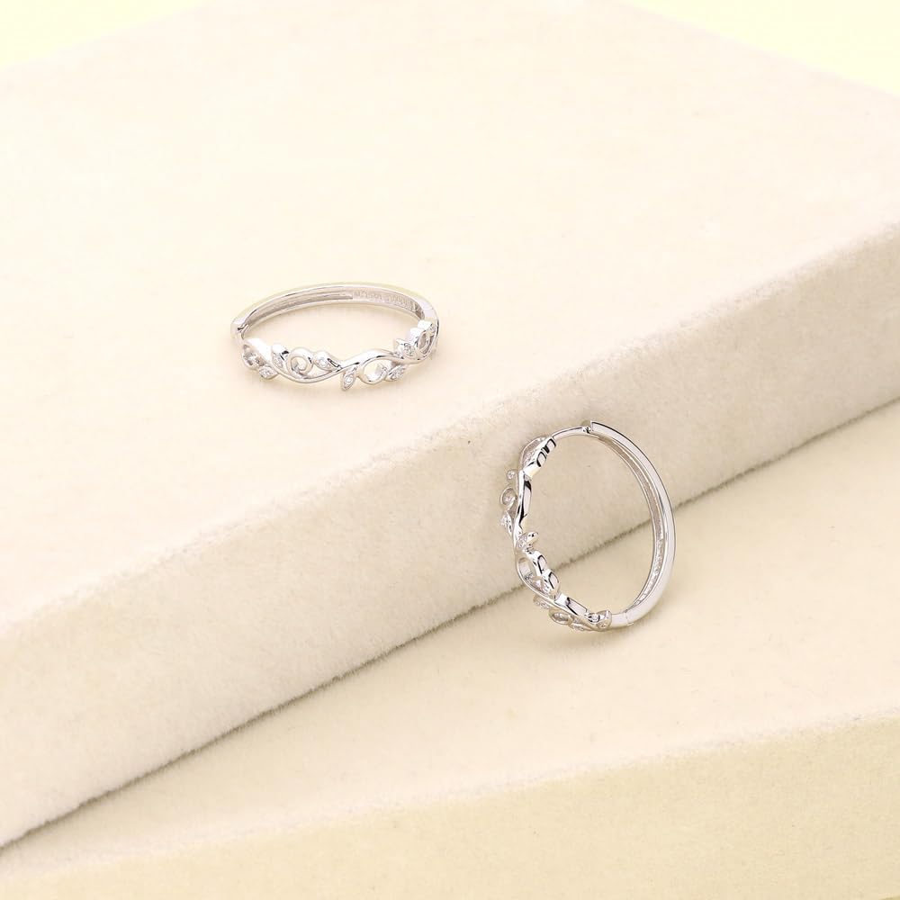 BERRICLE Sterling Silver CZ Statement Hoop Earrings for Women - Trendy Minimalist Designs in Treble Clef Music Note, Vine Leaf