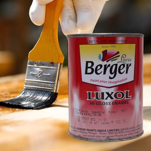 Image of Berger Luxol Hi Gloss Enamel Paint Smoke Grey 500 ml | Fast Drying & Easy to Apply | High Gloss Finish for Elegant Look | Ideal for Fresh Painting & Repainting | Durable Interior & Exterior Use