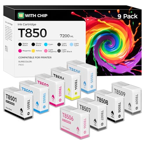 Image of Remanufactured T850 Ink Cartridges 9-Pack 80ml with Chip T8501 T8502 T8503 T8504 T8505 T8506 T8507 T8508 T8509 Ink Set High Capacity Replacement Compatible with SureColor P800 SC-P800 Inkjet Printer